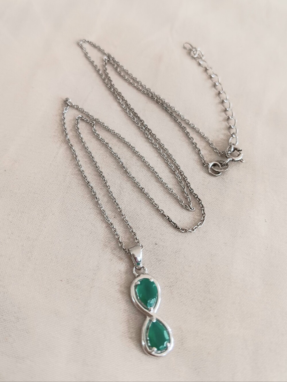 Sterling Silver Green EMERALD Teardrop Infinity Pendant Necklace